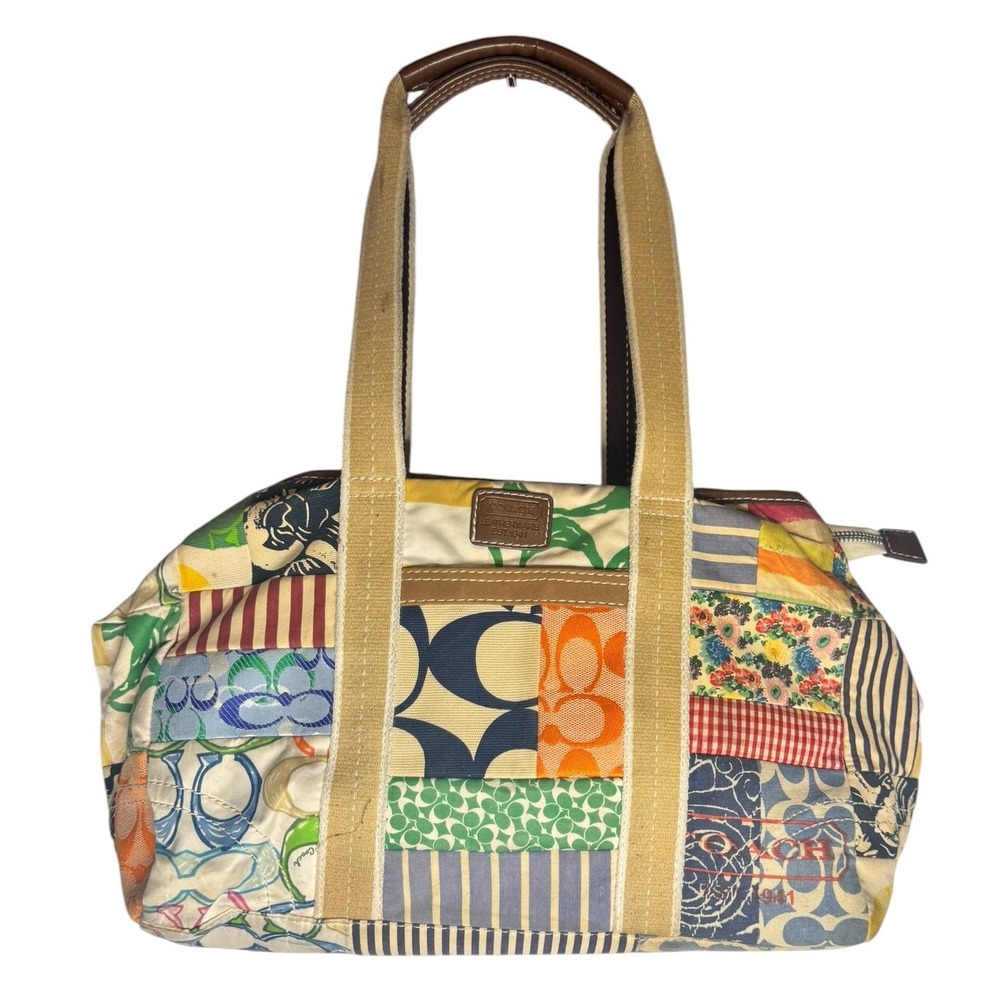 Coach Hamptons Weekend Patchwork Signature Multi Color Canvas Tote Shoulder Bag